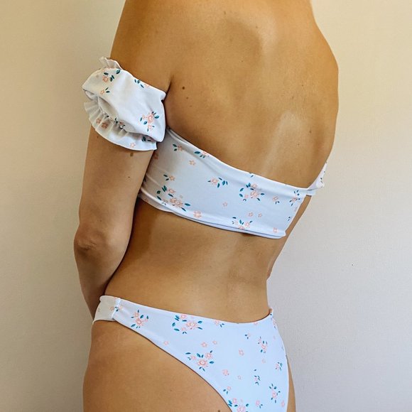 White Peach Floral Off Shoulder Ruffle Bikini - Picture 3 of 13